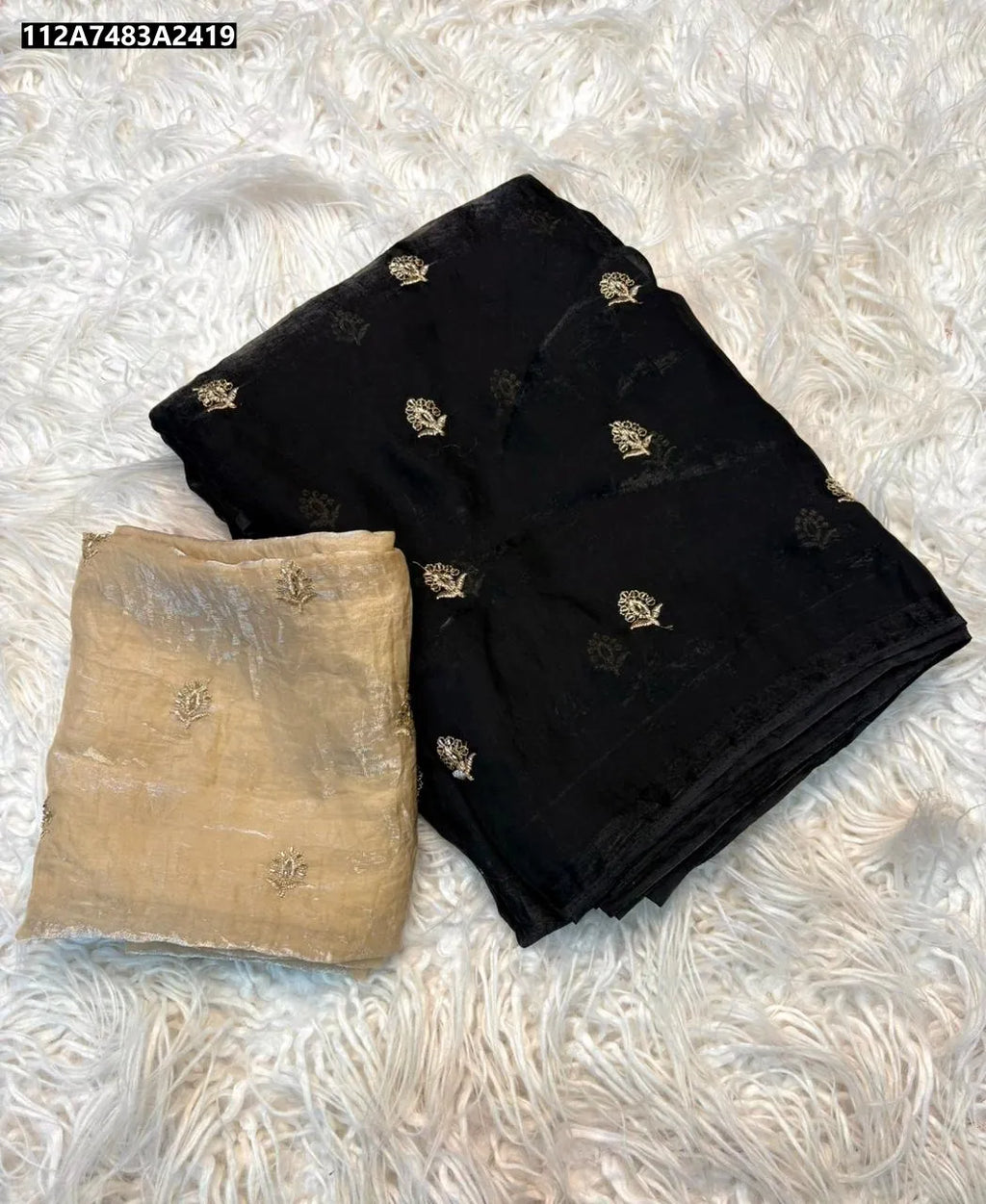 TRENDBUY Space Silk Saree in Black with contrasting beige embroidered blouse piece, featuring leaf handwork.