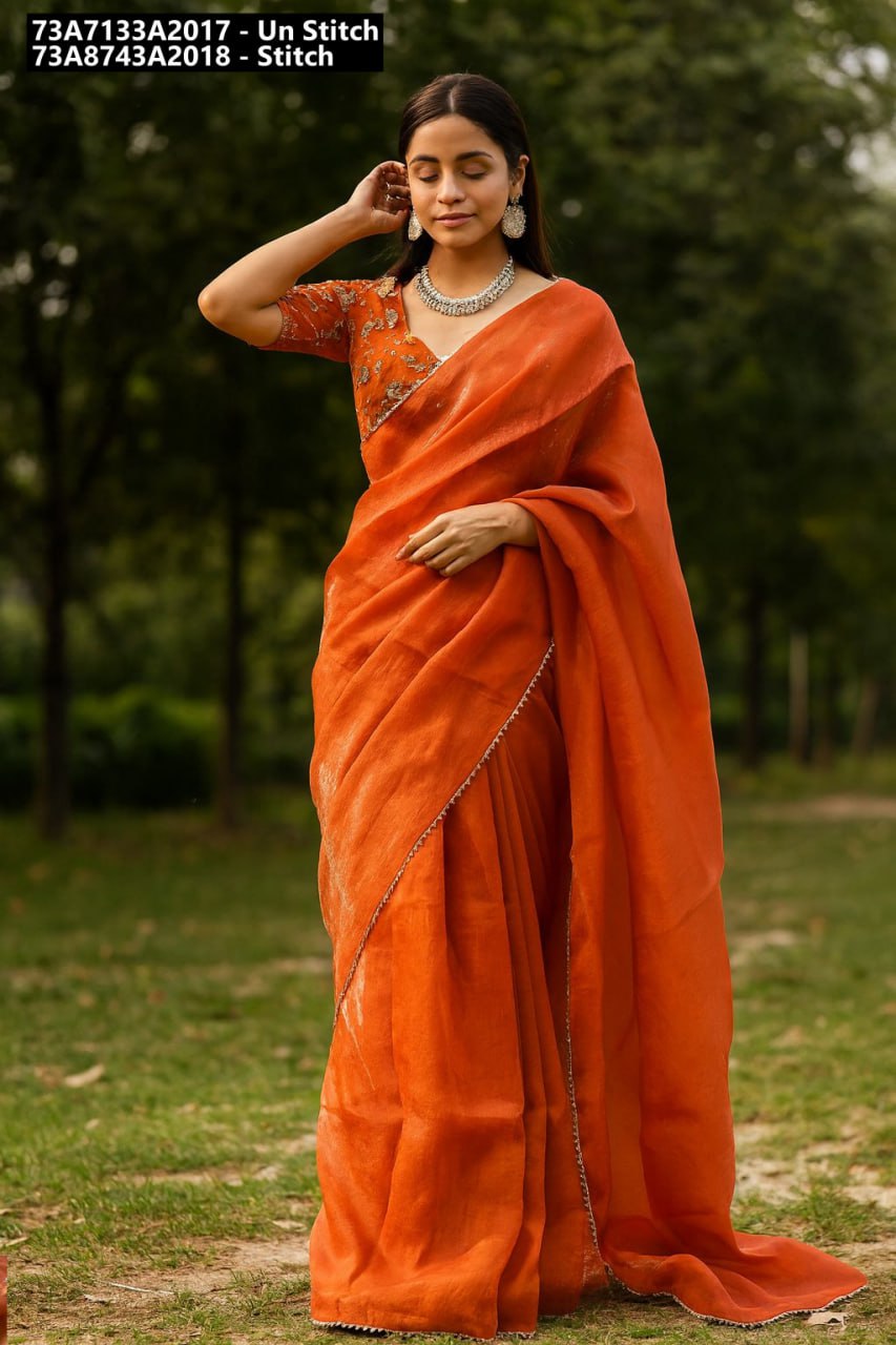 Model wearing an Orange Space Silk Fendy Satin Saree with an embroidered blouse and jewelry