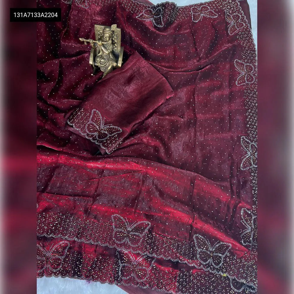 TRENDBUY Maroon Space Silk Saree with Jarkhan Work and Blouse Piece
