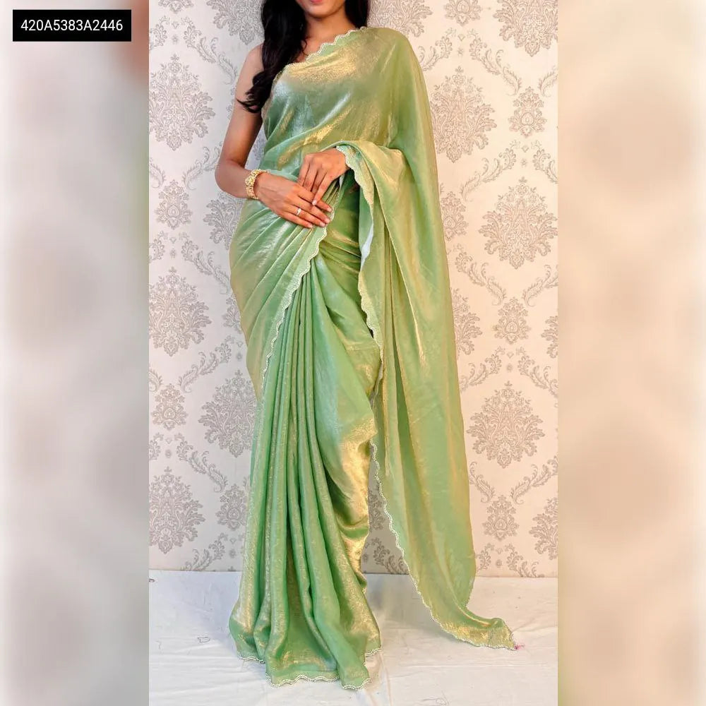 TRENDBUY Mint Green Space Silk Saree with Jarkhan Diamond work, full body front view on model