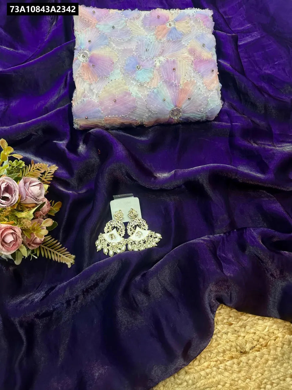 TRENDBUY Royal Purple Space Silk Saree with Multicolor 3D Floral Net Blouse and earrings