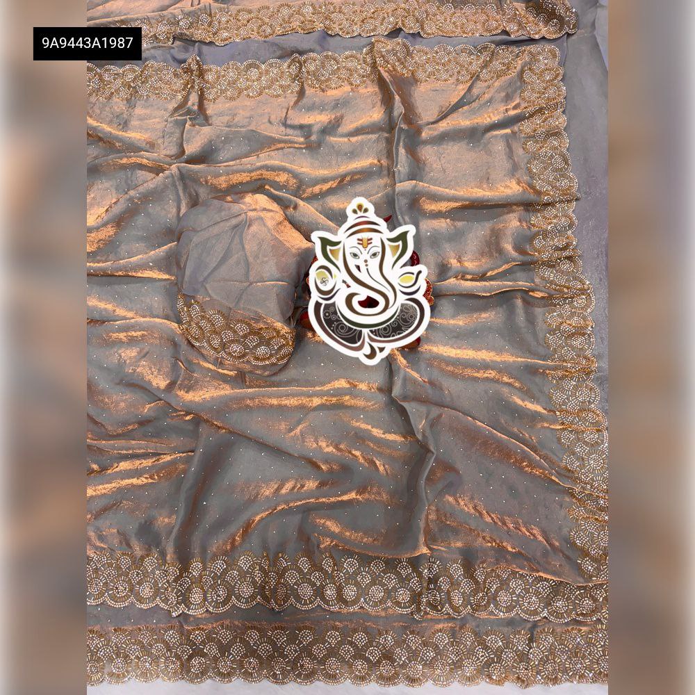 TRENDBUY Space Silk Saree in Silvery Gray with Jarkhan Diamond Work and matching blouse piece