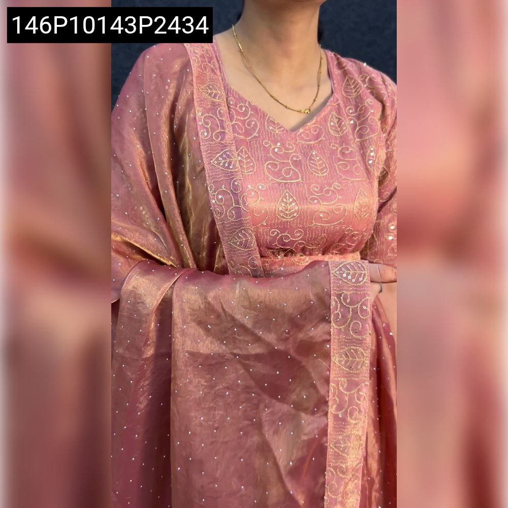 TRENDBUY Space Silk Sequence Lehenga for women in Rose Gold, full body front view