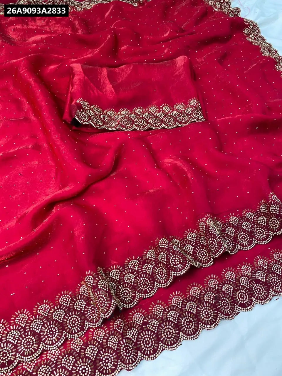 TRENDBUY Space Soft Silk Saree in Red with Siroski Diamond and Val work