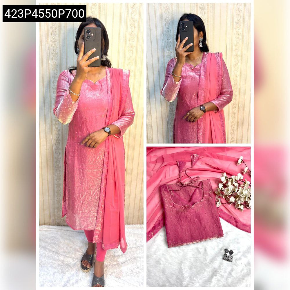 Model wearing Pink Space Silk kurti set with diamond work and Georgette dupatta.