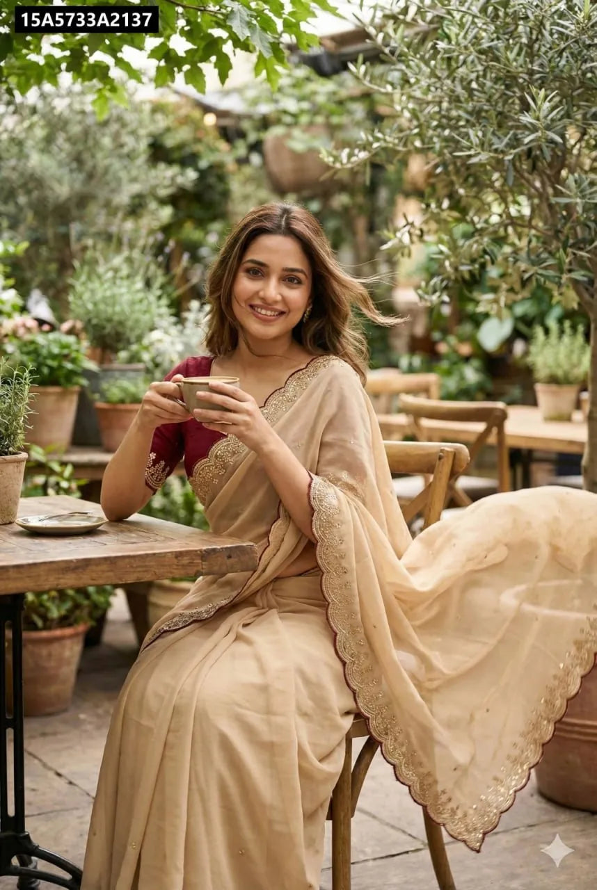 Model wearing a beautiful Star Georgette Sequence Saree in beige with maroon blouse