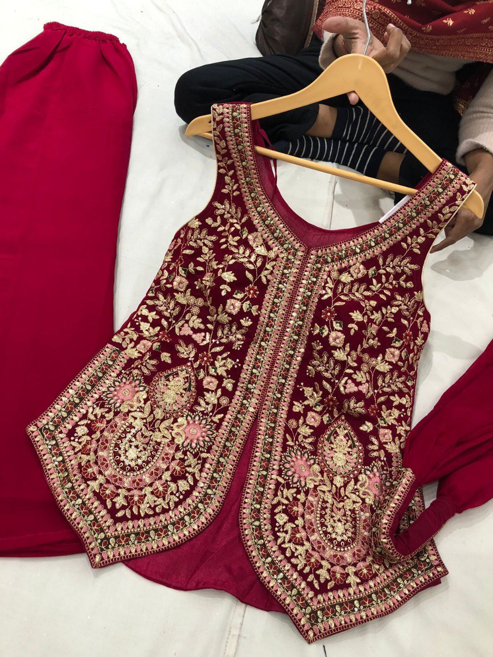 TRENDBUY Maroon Embroidered Georgette Straight Shirt with Plazo and Dupatta, Festive Wear