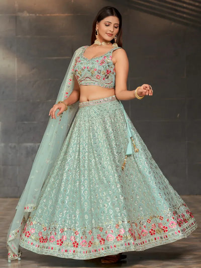 Stunner Sky Blue Wedding Lehenga - Designer Georgette Sequin Wear for Women