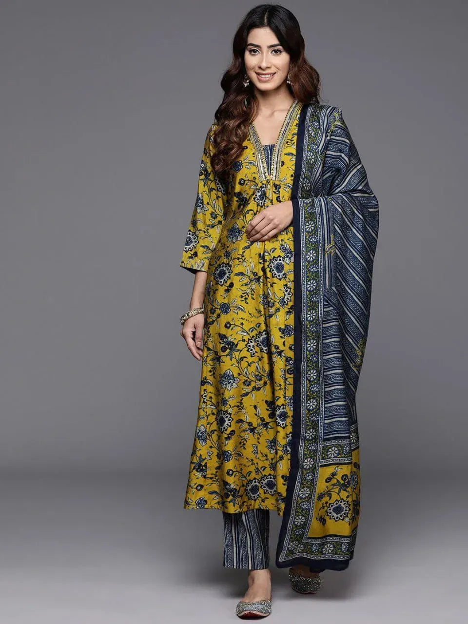 Premium Mustard Yellow A-Line Cotton Suit Set with Blue Floral Prints