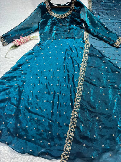 Stunning Anarkali Gown with Sequence Embroidery - Festive Silk Party Wear for Women