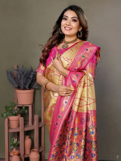 Stunning Banarasi Silk Saree - Flowy Laheriya Border Style for Festive Wear