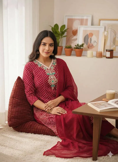 Stunning Bandhani Chinon Salwar Kameez Set - Thread Embroidery for Festive Wear
