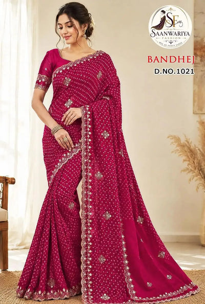 Stunning Bandhej Bandhani Saree with Embroidered Border for Festive Wear