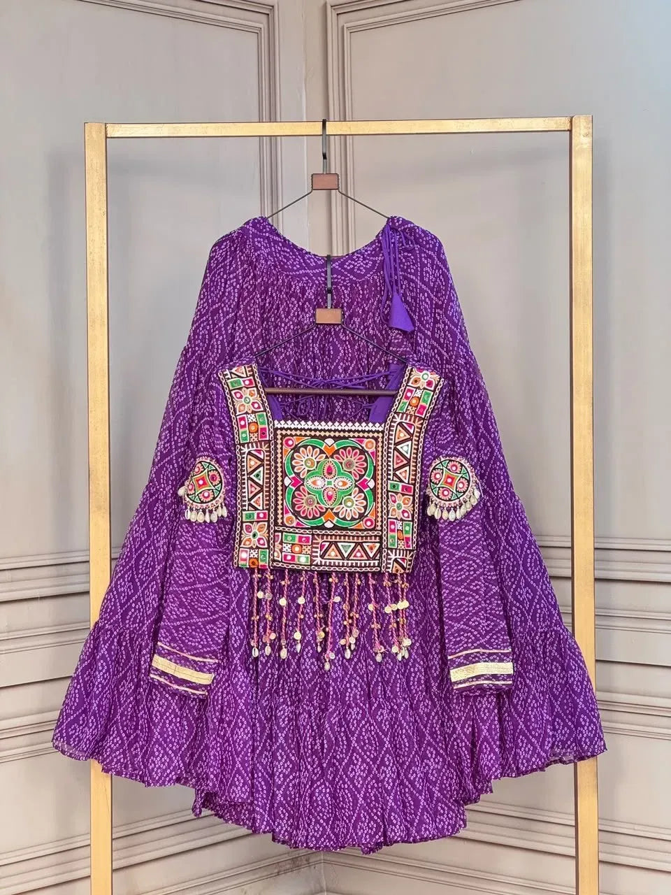 Purple faux georgette bandhni print lehenga set with Kutchi patchwork blouse