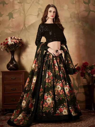 Stunning Black Floral Lehenga Choli - Sequin Blouse Party Wear