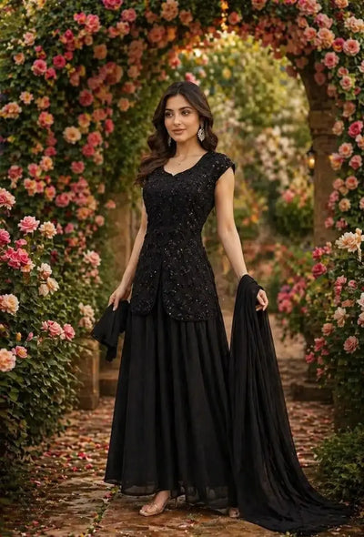 Stunning Black Georgette Salwar Suit - Fully Stitched Festive Wear