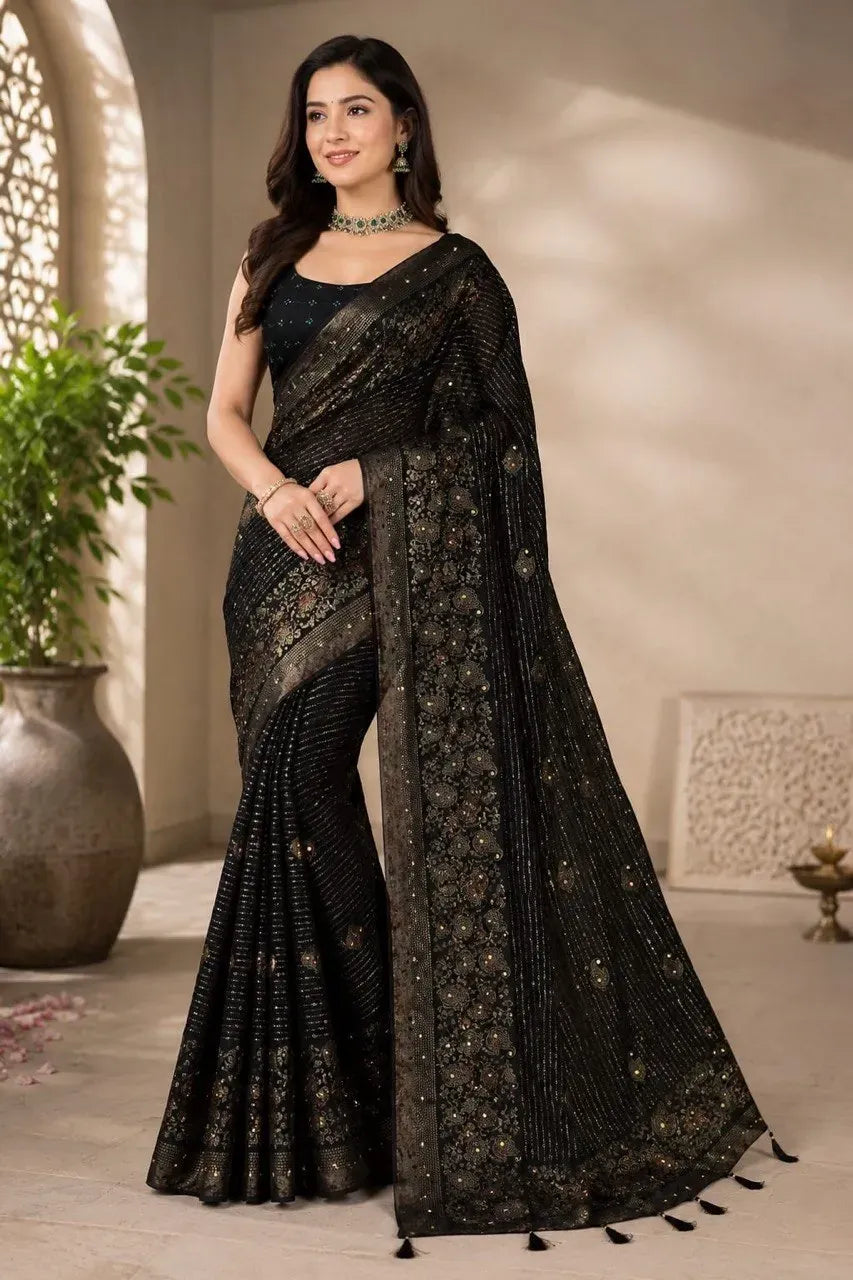 Model wearing a black georgette saree with foil print and diamond work