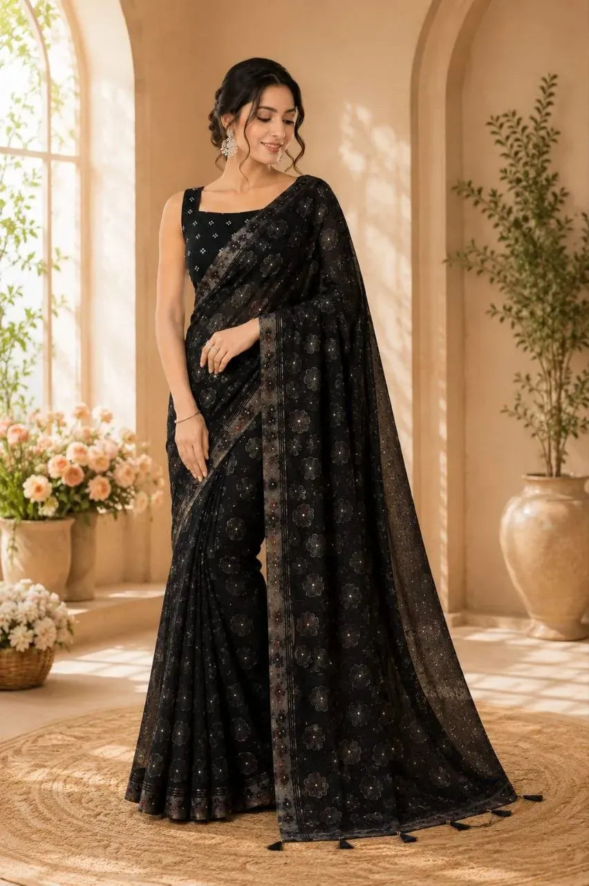 Full length view of model wearing black party wear georgette saree with tassels