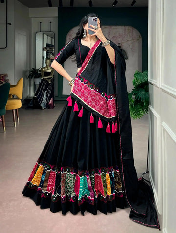Stunning Black Khadi Cotton Lehenga with 6-Meter Flair - Festive Navratri Garba Wear