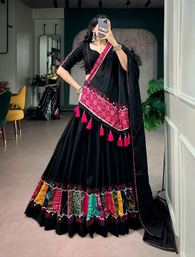 Stunning Black Khadi Cotton Lehenga with 6-Meter Flair - Festive Navratri Garba Wear
