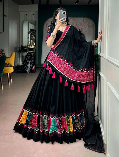 Stunning Black Khadi Cotton Lehenga with 6-Meter Flair - Festive Navratri Garba Wear
