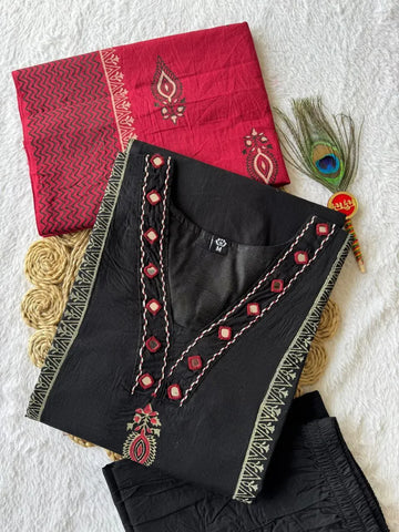 Stunning Block Print Cotton Kurti Set - Real Mirror Work & Mul Dupatta for Women