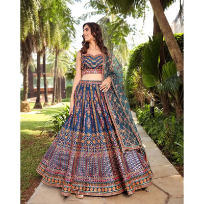 Stunning Blue Chinon Lehenga - Heavy Sequence & Thread Work for Wedding Wear