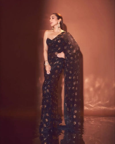 Stunning Bollywood Sequins Georgette Saree - Glamorous Round Box Embroidery for Festive Wear