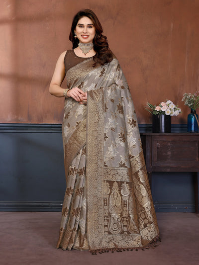 Stunning Brown Jacquard Zari Saree - Pure Cotton Spun for Festive Wear
