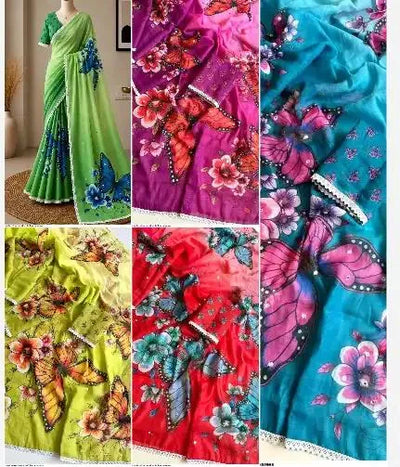 Stunning Butterfly Print Soft Linen Saree with Mirror Work for Festive Wear