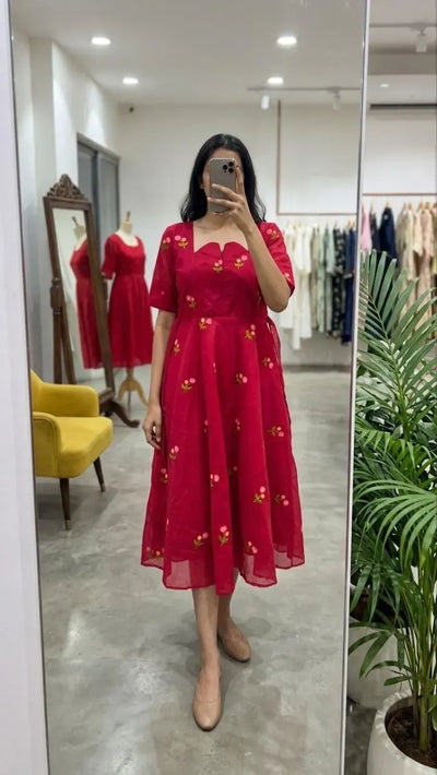 Stunning Chanderi Cotton Maxi Dress with Floral Embroidery for Festive Wear