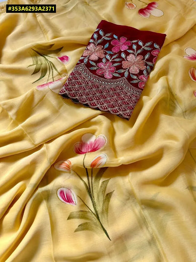 Stunning Chiffon Floral Saree - Digital Print with Handwork Blouse