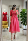 Stunning Chiffon Midi Dress - Smocked Puff Sleeve Striped Dress for Women