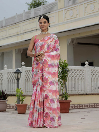 Stunning Chinnon Ready To Wear Saree - Floral Print with Mirror Lace for Women