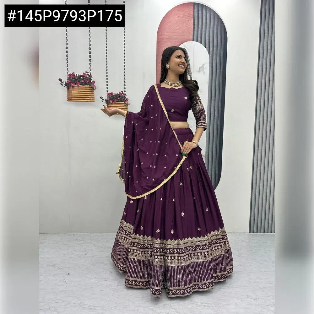 Premium Plum Chinon Lehenga Choli Set with Embroidery and Sequence Work