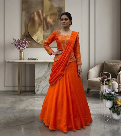 Stunning Chinon Lehenga Saree with Real Mirror Work for Festive Celebrations