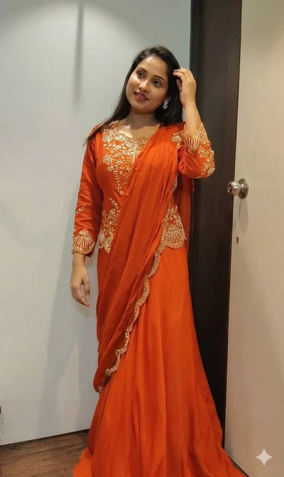 Stunning Chinon Lehenga Saree with Real Mirror Work for Festive Celebrations