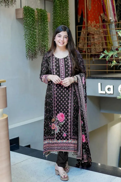 Stunning Chinon Pakistani Floral Suit Set - Mirror Work