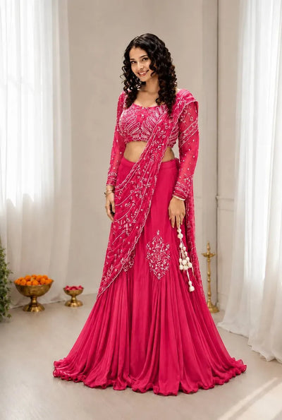 Stunning Chinon Silk Lehenga Saree with Attached Pallu - Heavy Sequins Festive Wear for Women
