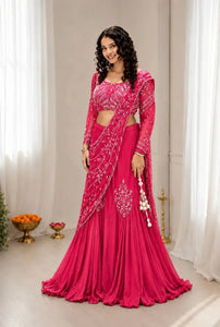 Stunning Chinon Silk Lehenga Saree with Attached Pallu - Heavy Sequins Festive Wear for Women