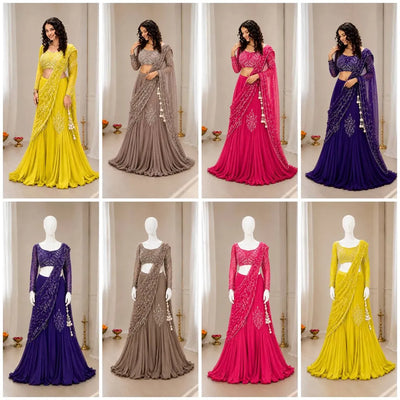Stunning Chinon Silk Lehenga Saree with Attached Pallu - Heavy Sequins Festive Wear for Women