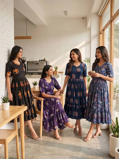 Stunning Cotton Printed Midi Gown - Elegant Indo Western Festive Wear for Women