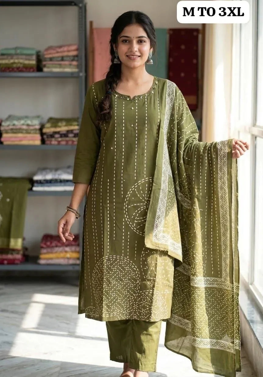 Woman wearing olive green embroidered cotton suit set with printed dupatta