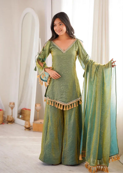 Stunning Crush Silk Kurti Plazzo Set with Real Mirror Work - Festive Wear for Women