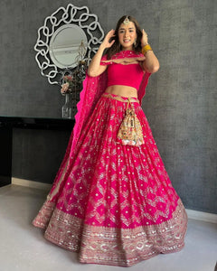 Stunning Dark Pink Georgette Lehenga - Sequin Embroidery for Wedding