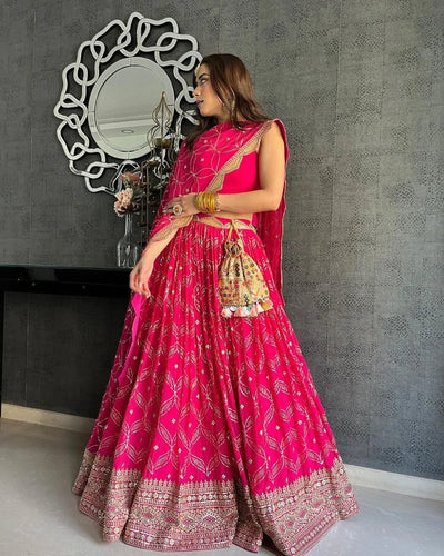 Stunning Dark Pink Georgette Lehenga - Sequin Embroidery for Wedding
