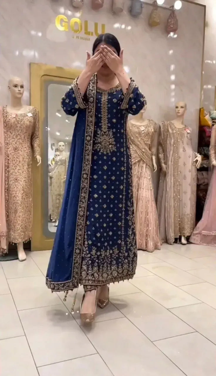 Navy Blue Georgette Sequence Suit Set for Eid Festive Wear