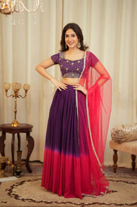 Stunning Designer Purple Pink Shaded Georgette Lehenga - Wedding Wear