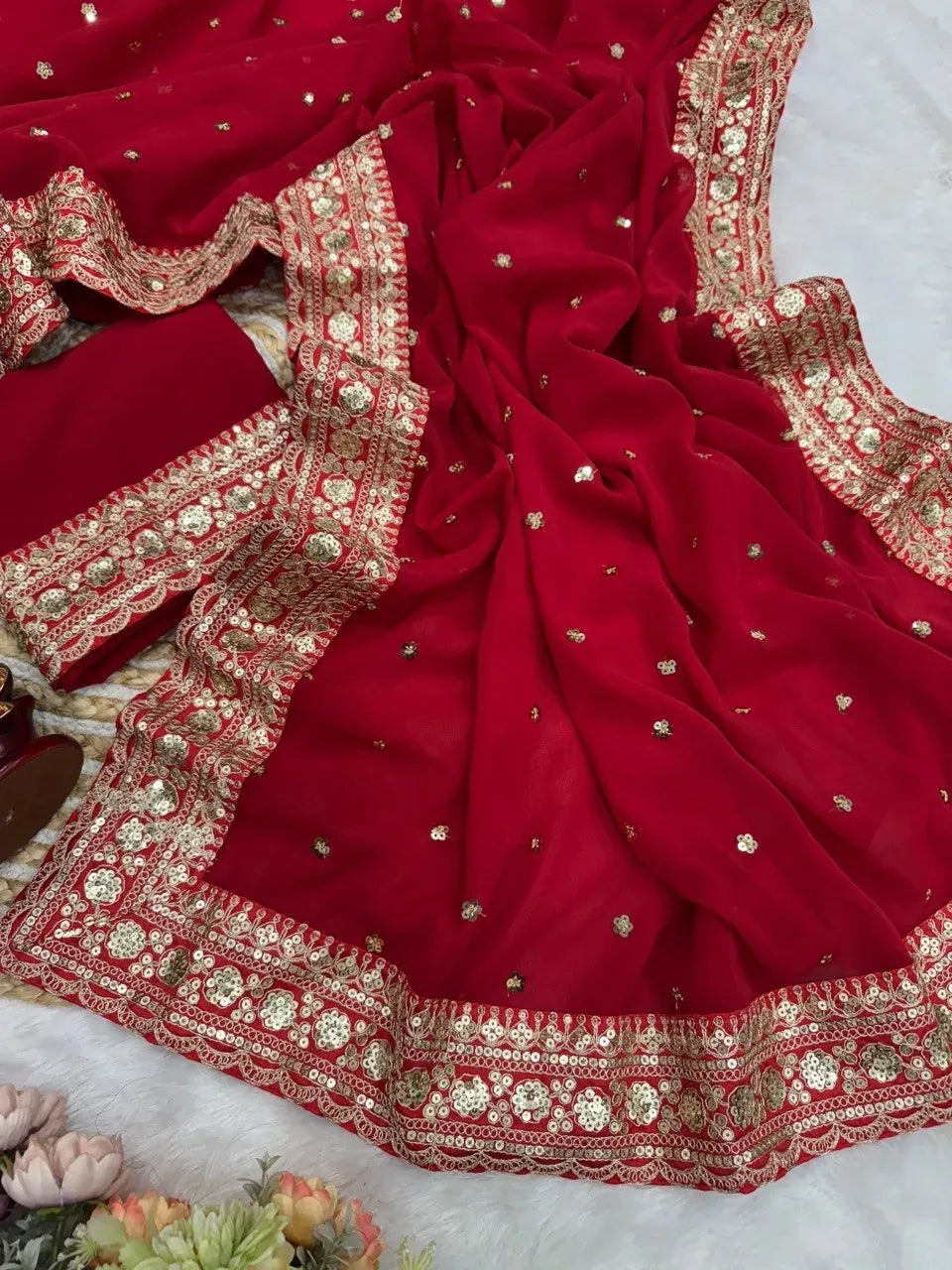 Close-up of red georgette fabric with heavy sequence and dori embroidery