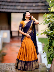 Exquisite Mustard and Navy Blue Dola Chex Wedding Lehenga Choli with Heavy Zari Weaving